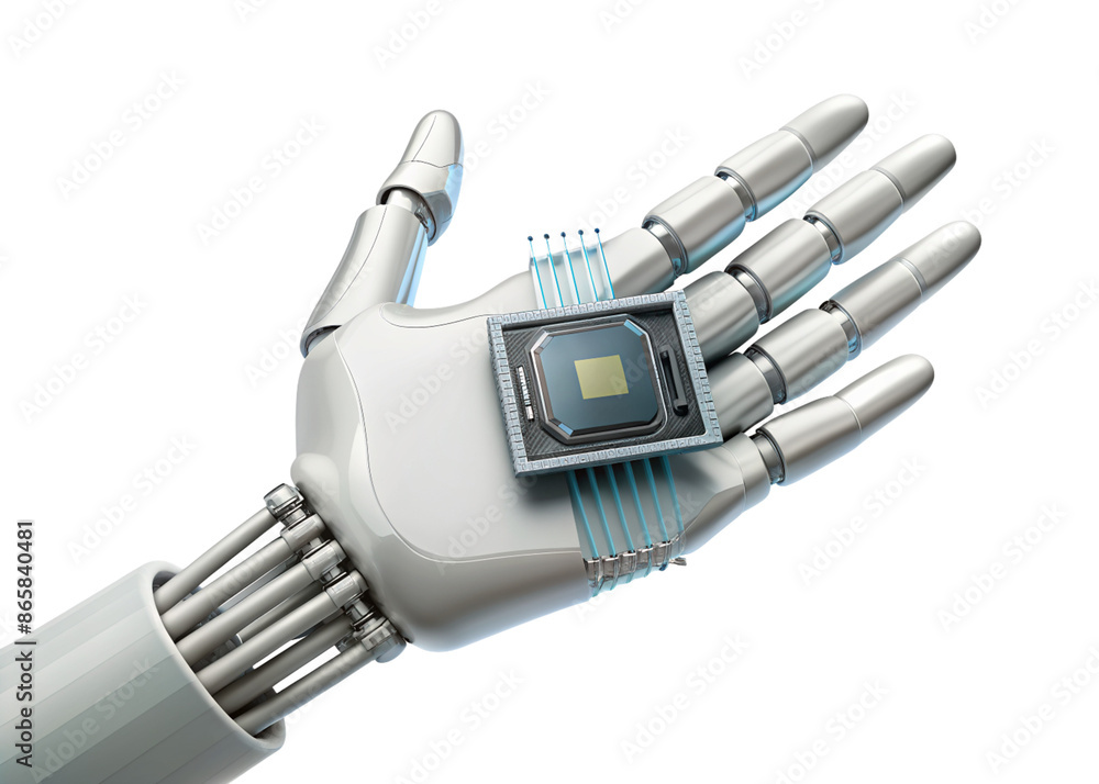A robotic hand holding a microchip. Generative AI.
