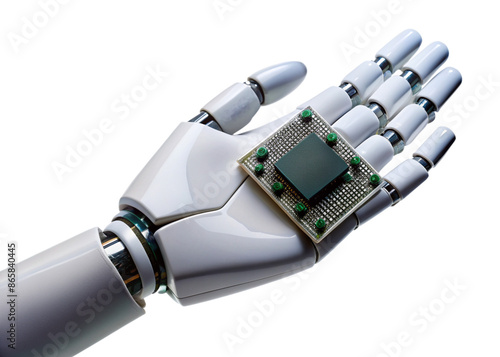 A robotic hand holding a microchip. Generative AI. 