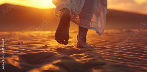 Fototapeta Naklejka Na Ścianę i Meble -  Jesus walking on sand dunes in the desert.