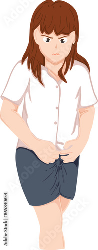 vaginal yeast infection concept. Drawing hand of a cartoon woman suffering from itching and irritation in the vagina and vulva.Vector illustration.