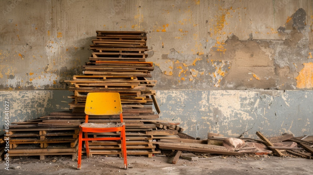 A solitary orange chair in an abandoned industrial space with stacked wooden pallets against a weathered wall. A solitary orange chair in an abandoned industrial space with stacked wooden pallets against a weathered wall.