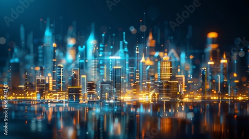 A stunning futuristic city skyline at night, illuminated with vibrant lights reflecting on the water below.