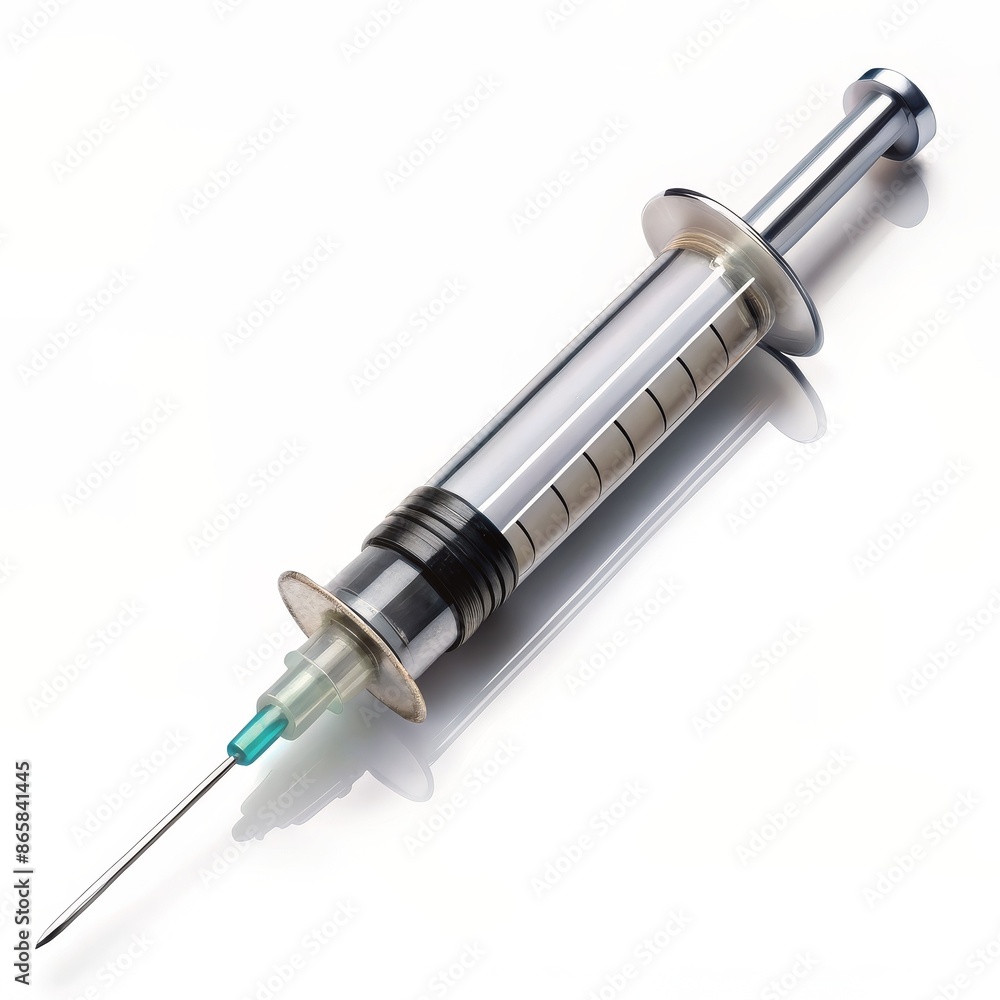 A syringe with a green and white needle is sitting on a white background A syringe with a green and white needle is sitting on a white background
