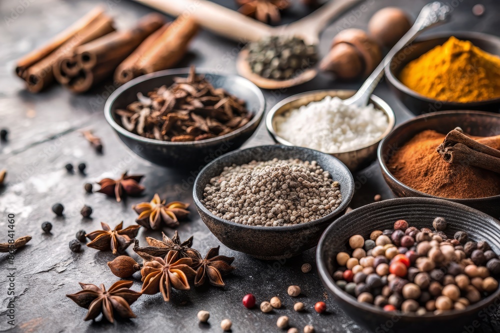 A variety of spices are displayed in wooden bowls on a table A variety of spices are displayed in wooden bowls on a table