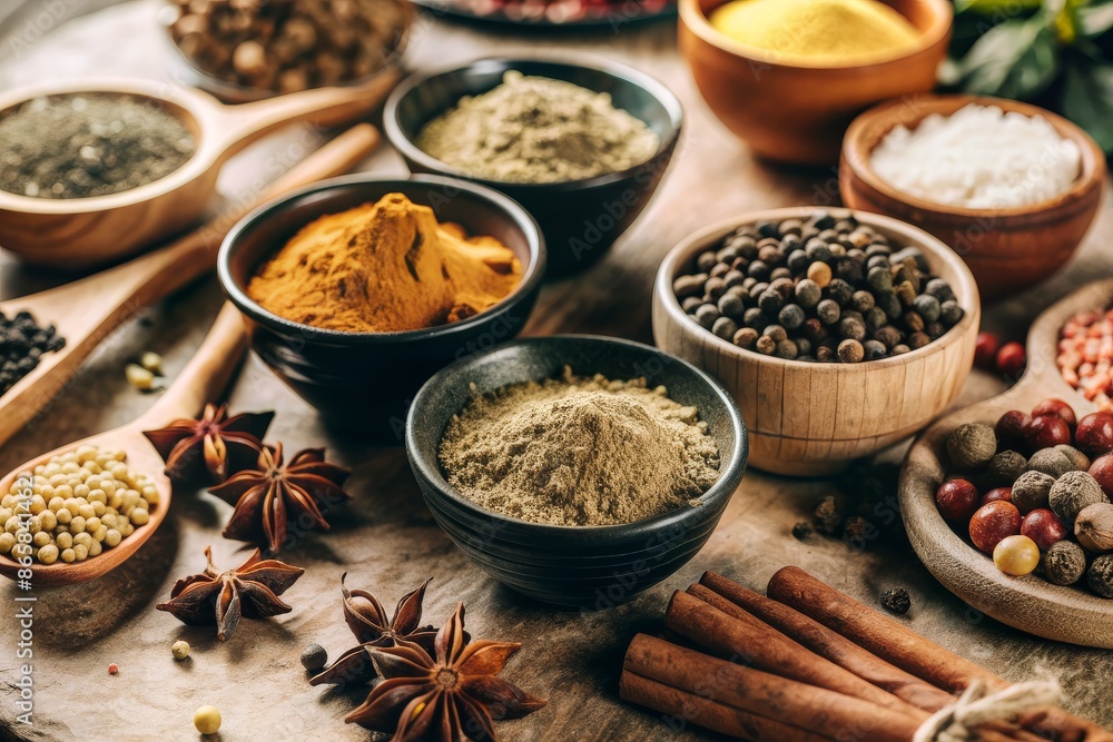 A variety of spices are displayed in wooden bowls on a table A variety of spices are displayed in wooden bowls on a table