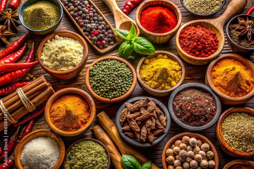 A variety of spices are displayed in wooden bowls on a table A variety of spices are displayed in wooden bowls on a table