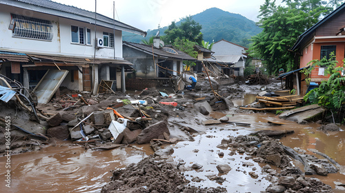 Houses destroyed by debris flow in rainstorm