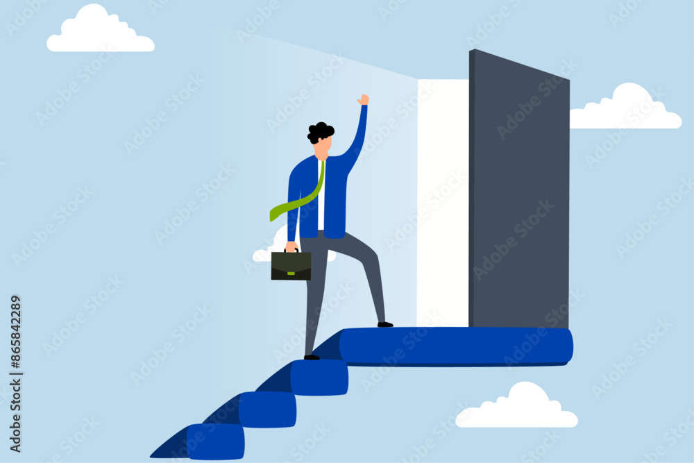 Open new opportunity door, businessman reaching the top of ladder opens the door of possibilities to bright light. Open new opportunity door, businessman reaching the top of ladder opens the door of possibilities to bright light.