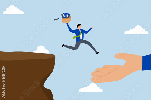 Change job for new career opportunity, bold confident businessman carrying jumping off cliff into the hands of helping giant.