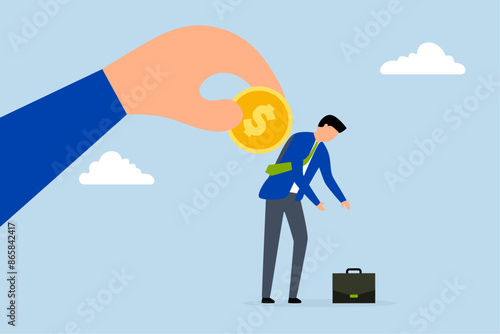 incentive program to motivate exhausted employee, employer hand places coin to motivate businessman office worker.