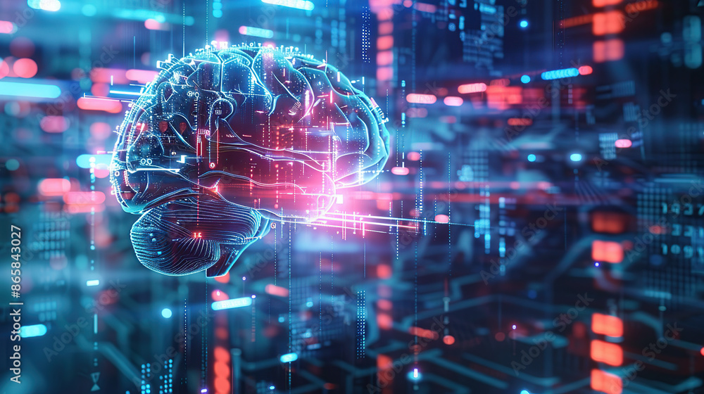 Digital brain in futuristic background with glowing elements and holographic interface, symbolizing artificial intelligence technology concept Digital brain in futuristic background with glowing elements and holographic interface, symbolizing artificial intelligence technology concept