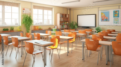 Bright school classroom with all chair facing forward