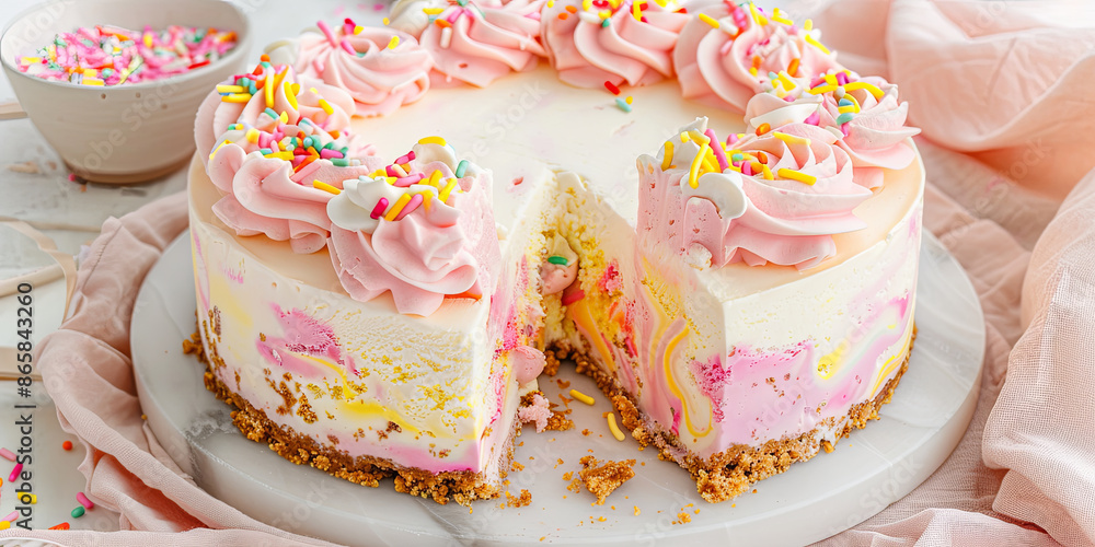 a delicious ice cream cheesecake with pink and yellow swirls of frosting, generative AI a delicious ice cream cheesecake with pink and yellow swirls of frosting, generative AI