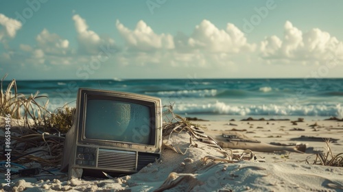 Discarded electronic device on sandy beach by ocean symbolizes e waste photo