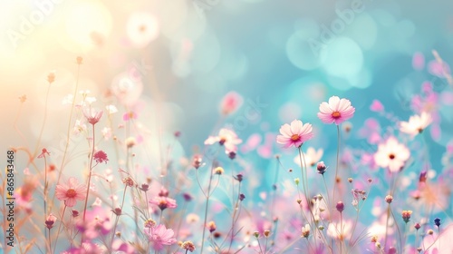 Fototapeta Naklejka Na Ścianę i Meble -  Beautiful meadow with colorful wildflowers in soft sunlight, perfect for spring or summer themed designs or nature backgrounds.