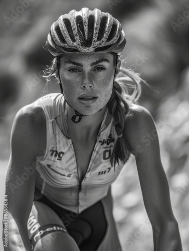 Woman riding a road bike in a race. 