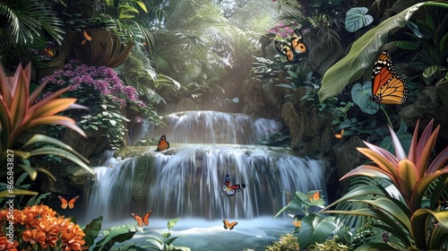 Fototapeta Naklejka Na Ścianę i Meble -  A hidden waterfall surrounded by tropical plants and flowers, with butterflies fluttering nearby