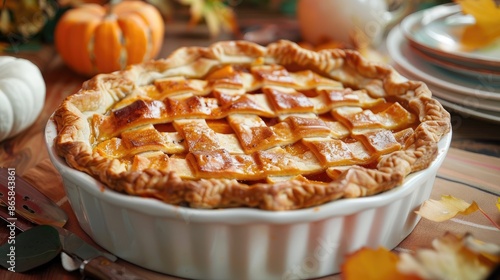 Kitchen tasty homemade pie featuring pumpkin and apricot chunks displayed on a white dish