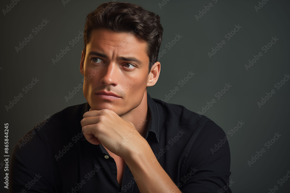 A portrait of a man in deep thought, with a pensive expression and hand on chin, on a clean light background A portrait of a man in deep thought, with a pensive expression and hand on chin, on a clean light background