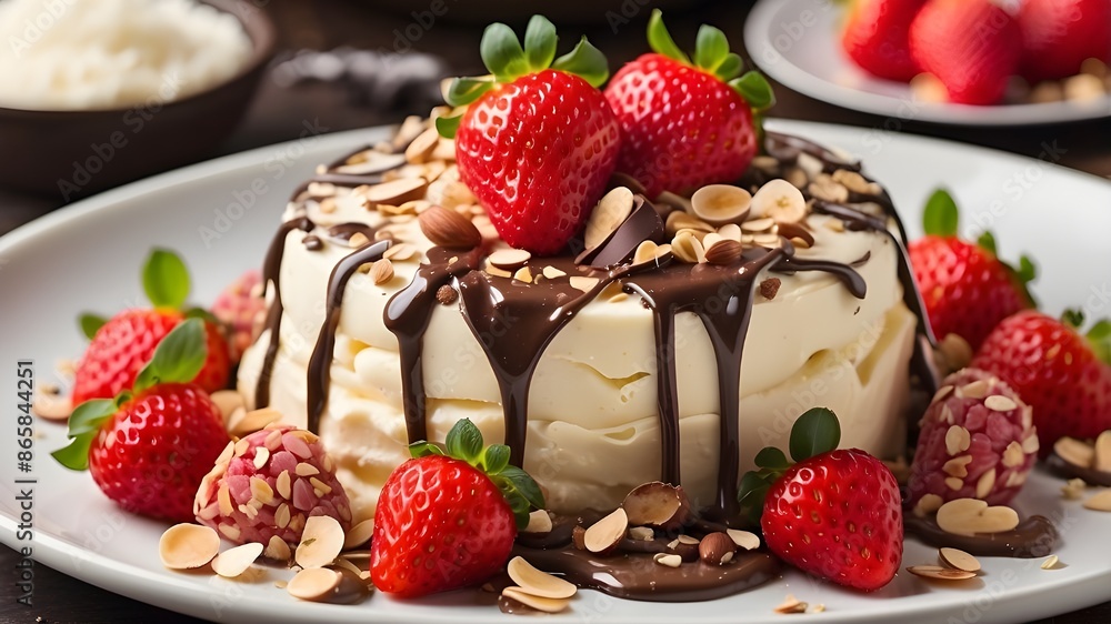Indulge in a decadent dessert paradise with rich chocolate drizzled over creamy vanilla ice cream, topped with fresh strawberries and a sprinkle of crushed almonds. Indulge in a decadent dessert paradise with rich chocolate drizzled over creamy vanilla ice cream, topped with fresh strawberries and a sprinkle of crushed almonds.