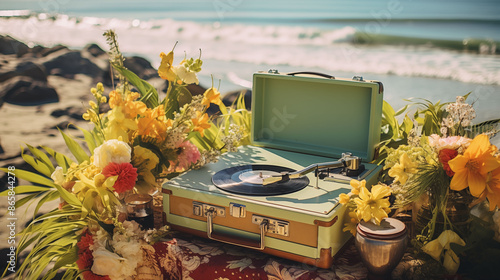 A retro beach party with tiki torches, floral leis, and a vintage record player spinning summer hits by the shore photo