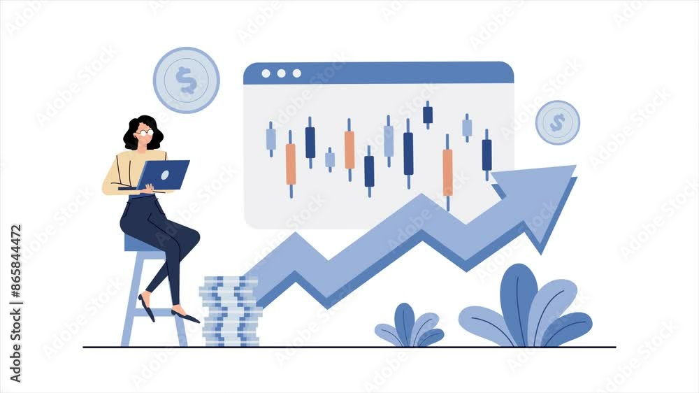 a woman presentation showing stock market graphic business animated illustration video a woman presentation showing stock market graphic business animated illustration video
