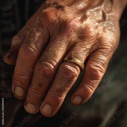 A man's hand with a gold ring. © Bargais