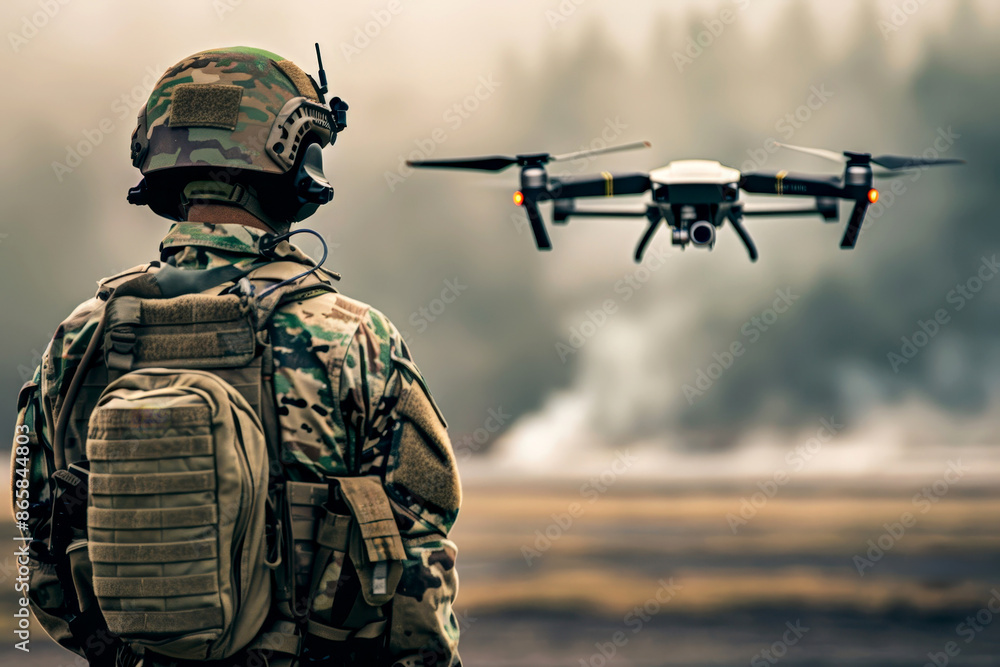 A soldier is in the field, operating drones. . A drone controller and camera visuals on a smartphone. Generative AI A soldier is in the field, operating drones. . A drone controller and camera visuals on a smartphone. Generative AI