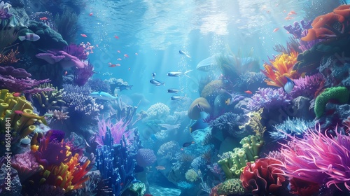 a whimsical underwater kingdom teeming with colorful marine life and coral reefs, white space in the center of the page for text, vivid and aquatic hues against a backdrop of shimmering waters © JoaquIna