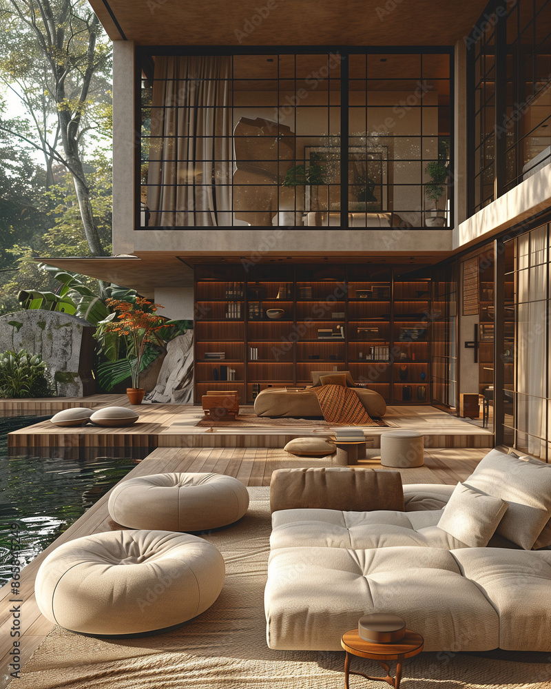 Interior of luxury hotel living room wit pool Interior of luxury hotel living room wit pool