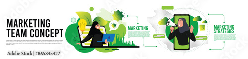 Arab woman Marketing teamwork, marketing strategies concept.Vector illustration