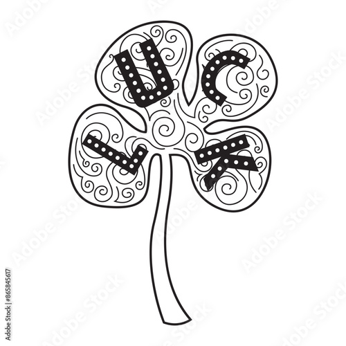 Shamrock leaf. Four leaf clover with luck word. Irish luck symbol. St Patricks day design. Vector illustration. Vector illustration