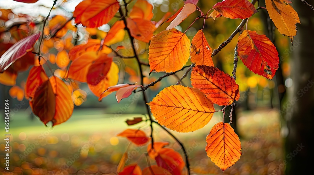 Autumn colorful bright leaves swinging in a tree in autumnal park Autumn colorful bright leaves swinging in a tree in autumnal park