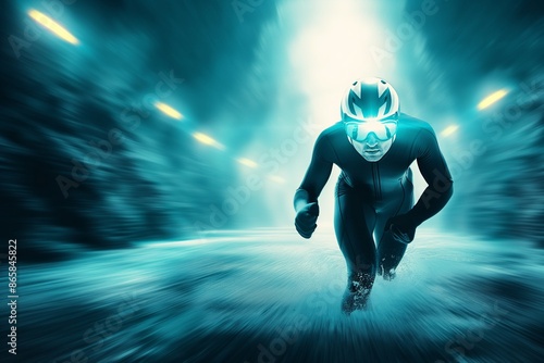 Dynamic Speed Cyclist Racing in Futuristic Tunnel Vision photo