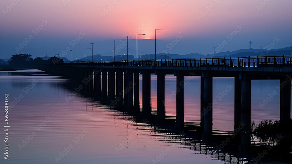 Silhouette of bridge reflects on tranquil waterfront, AI Generative. Silhouette of bridge reflects on tranquil waterfront, AI Generative.