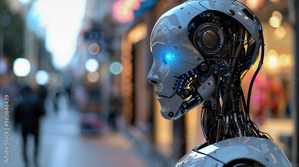 Fototapeta premium A humanoid robot with glowing blue eyes stands on the street, close-up profile of its head and shoulders against the background of an evening cityscape,