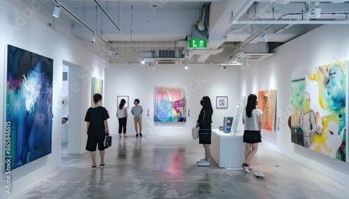 Walking through a modern art gallery, visitors are encompassed by a variety of paintings adorning the walls on display AIG59