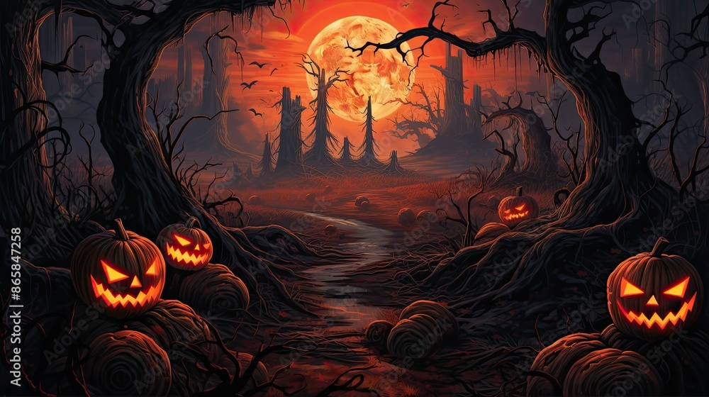 A spooky forest sunset with a haunted evil glowing eyes of Jack O' Lanterns A spooky forest sunset with a haunted evil glowing eyes of Jack O' Lanterns