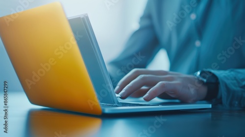 Close-up of a person working on a laptop in an office setting, emphasizing productivity and modern technology.