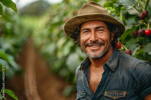 Portrait of smiling latin farmer wearing hat.