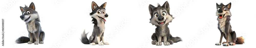 Obraz premium 3D cute happy cartoon wolf, isolated on white background