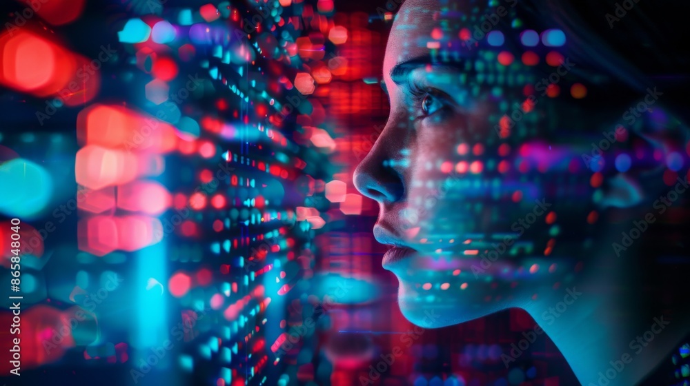 Close-up of a woman analyzing digital data on a futuristic interface, illuminated by colorful lights. Close-up of a woman analyzing digital data on a futuristic interface, illuminated by colorful lights.