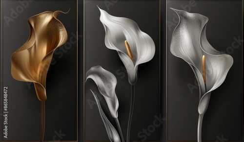 Art with three golden and silver calla lily flowers. photo