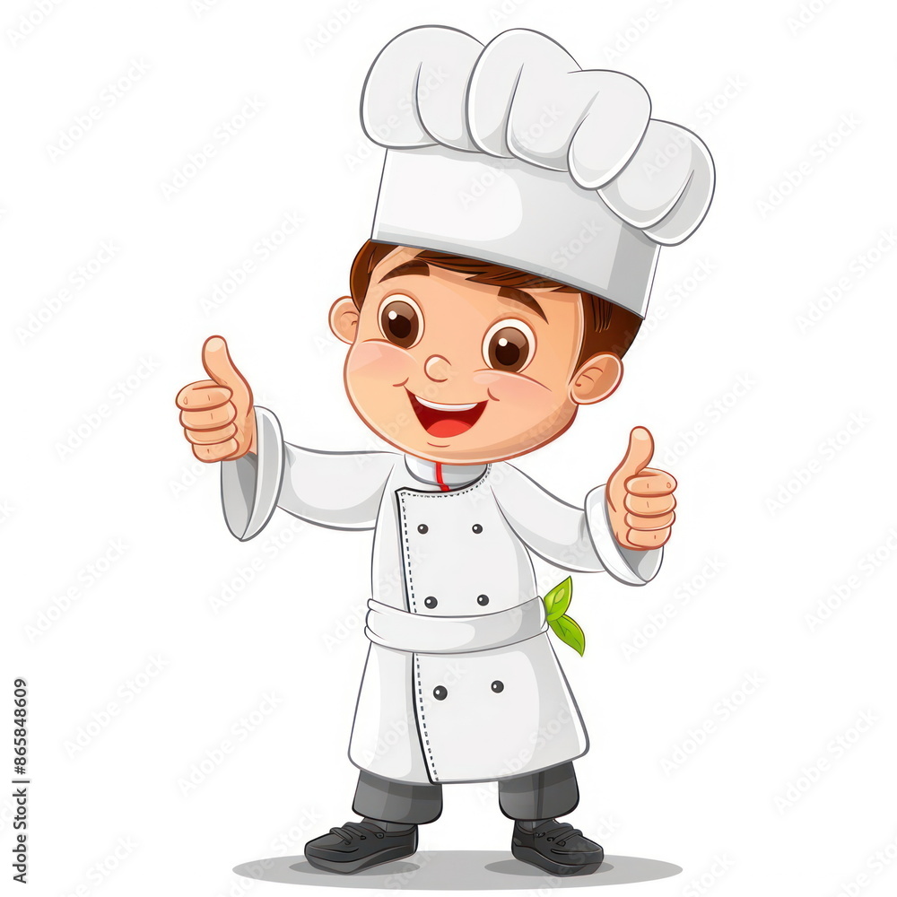 Cartoon character of cute child giving thumbs up ,wear chef uniform, white background, vector illustration Cartoon character of cute child giving thumbs up ,wear chef uniform, white background, vector illustration