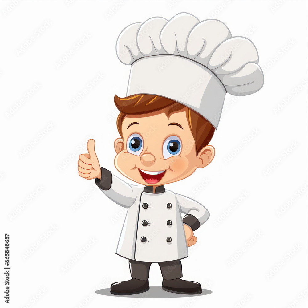 Cartoon character of cute child giving thumbs up ,wear chef uniform, white background, vector illustration Cartoon character of cute child giving thumbs up ,wear chef uniform, white background, vector illustration