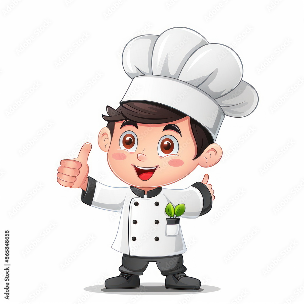 Cartoon character of cute child giving thumbs up ,wear chef uniform, white background, vector illustration Cartoon character of cute child giving thumbs up ,wear chef uniform, white background, vector illustration