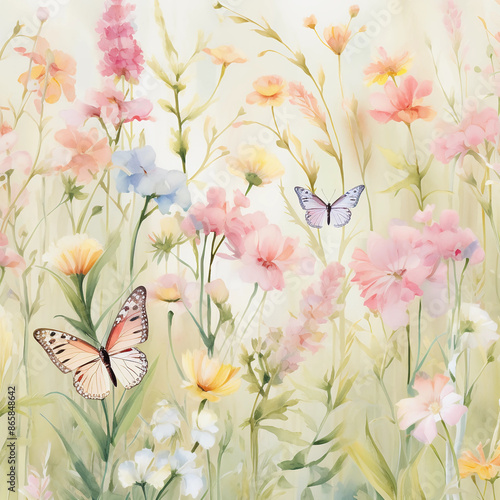  A whimsical watercolor painting of delicate pastel-colored wildflowers, with butterflies fluttering around in the background