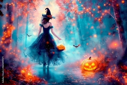 Enchanted Halloween: Magical Forest, Witch, Pumpkin, and Mystic Ambiance, Halloween Horror Costume Celebration Concept