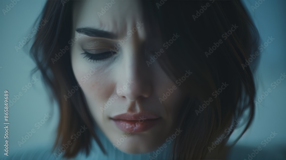 Close-up of a woman with a thoughtful expression, looking down. Soft lighting enhances mood and emotion in this intimate portrait. Close-up of a woman with a thoughtful expression, looking down. Soft lighting enhances mood and emotion in this intimate portrait.