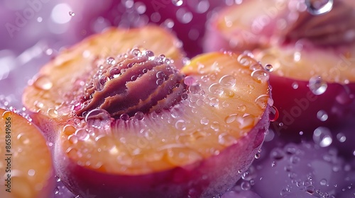 Fresh peach splashing in water with vibrant droplets flying around, on a soft pink backdrop.